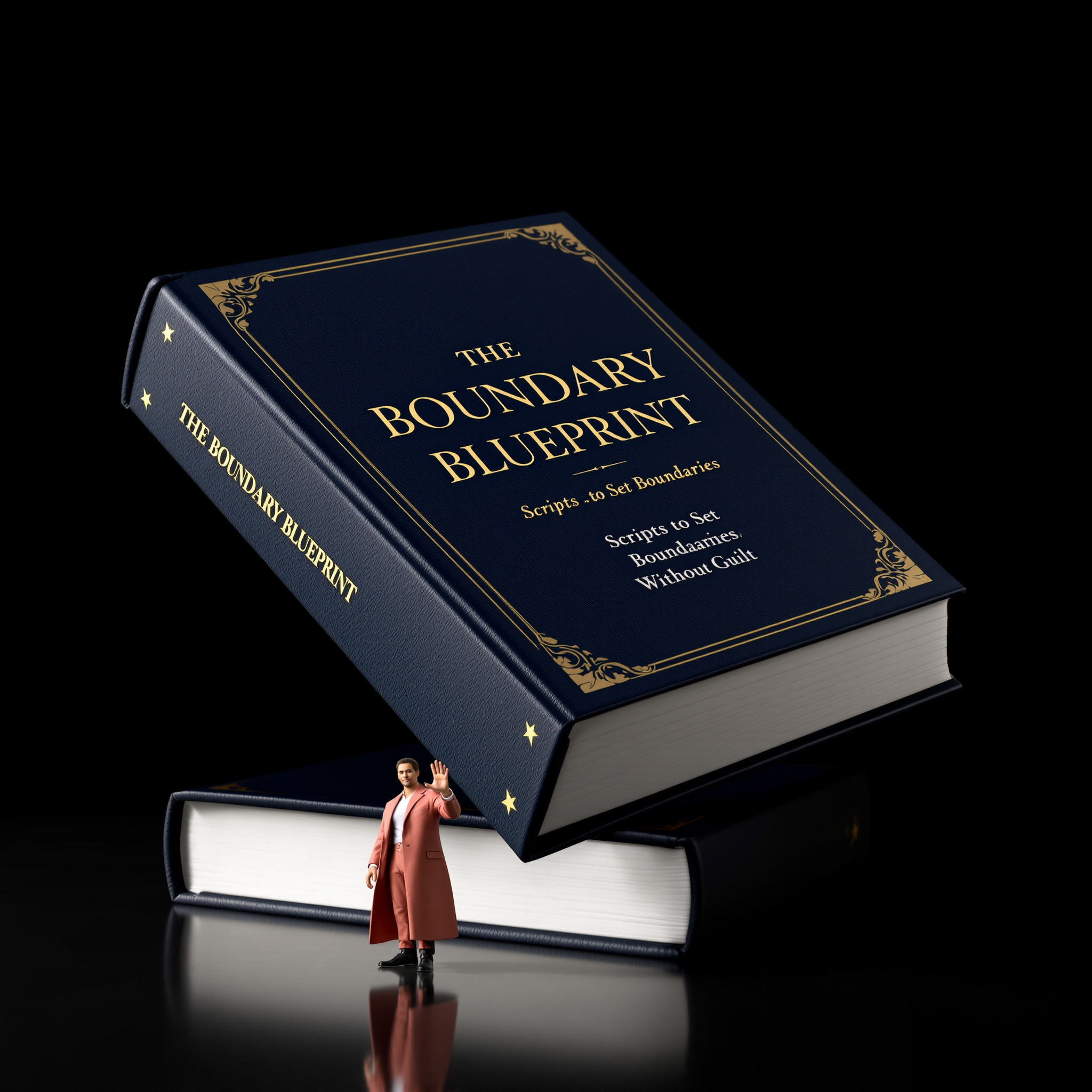 3D render of The Boundary Blueprint book with figure making stop gesture
